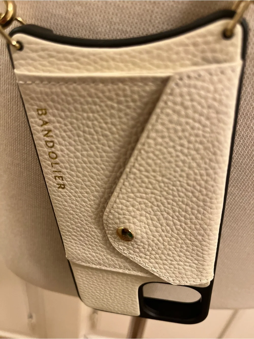 Bandolier White Phone Crossbody with Red & Black Stripe Strap